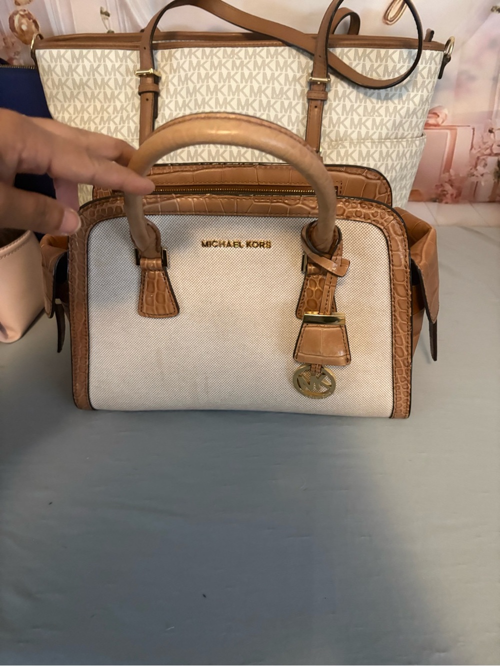 Michael Kors Cream and Tan Leather-Trim Satchel with MK Charm